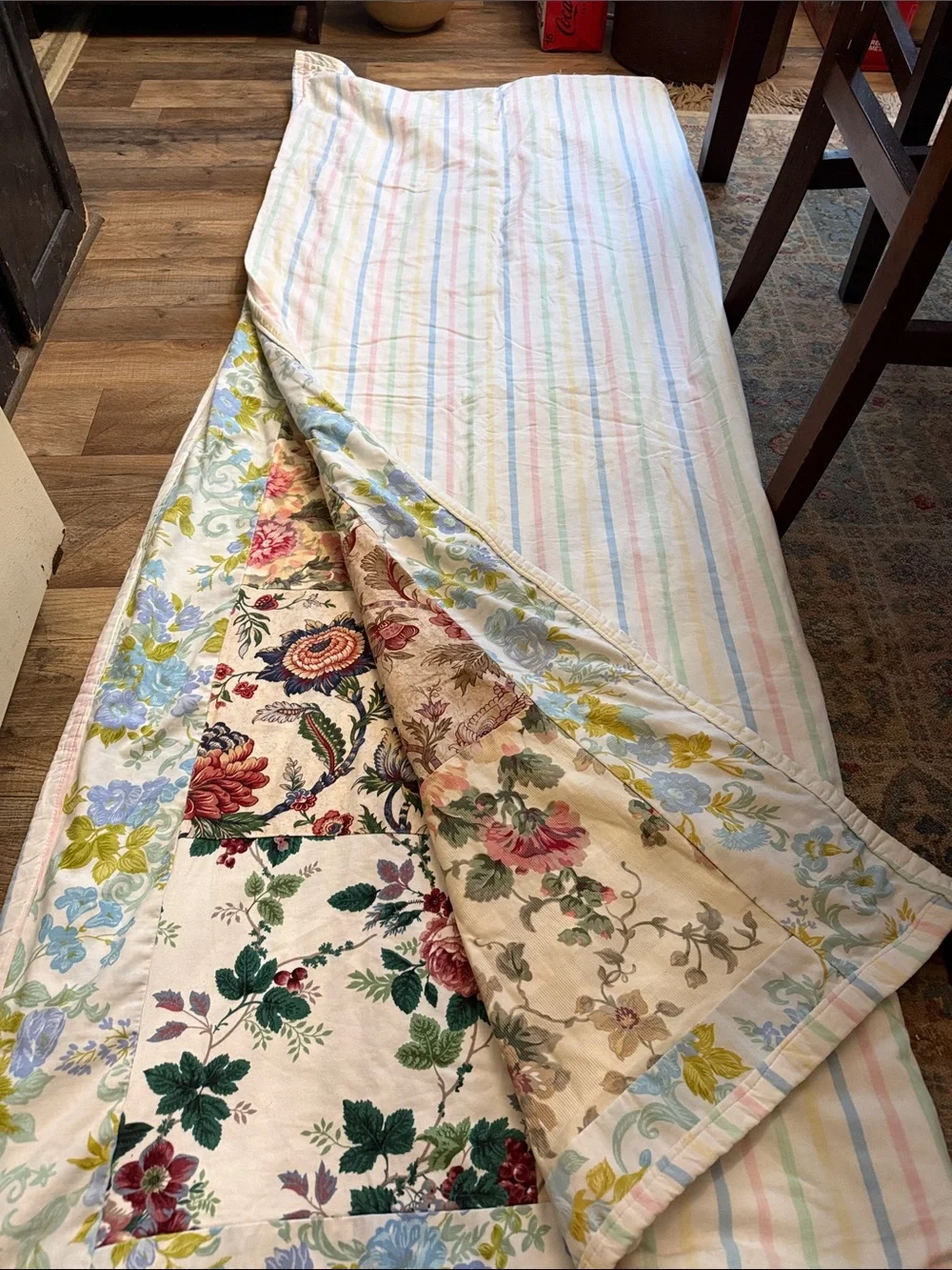 Artisan Floral Patchwork Quilt in Cream, Red, Green, Blue striped other side